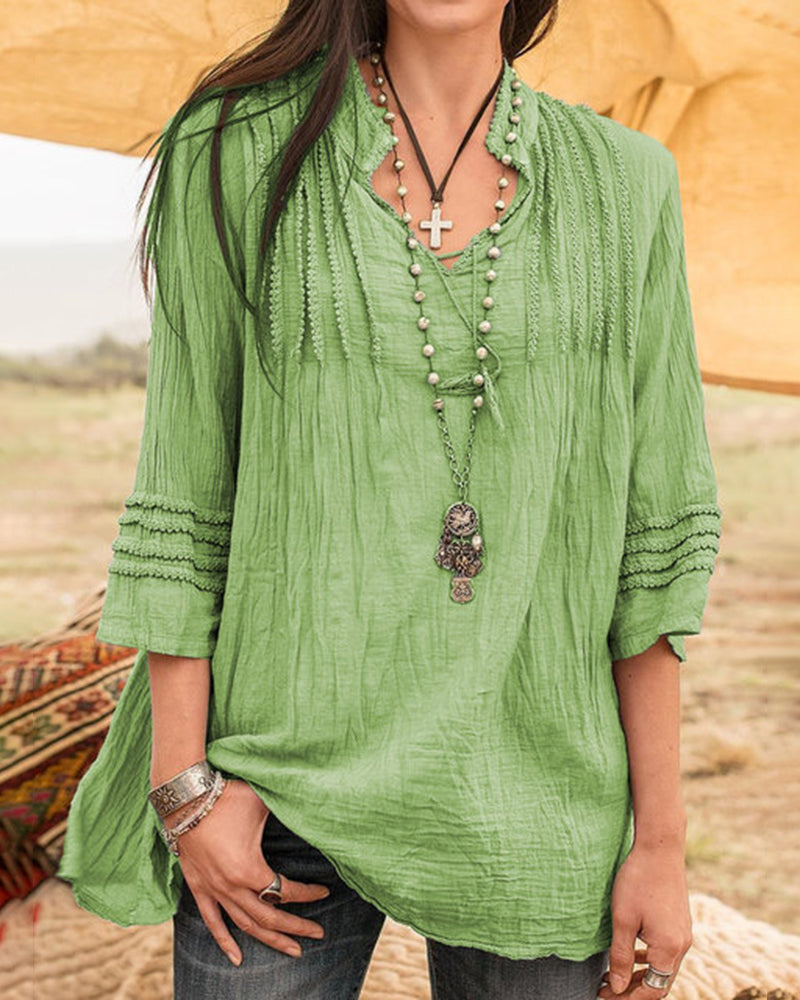 Zeagoo Solid V-Neck Tees Lace Splicing Fold Blouse Flowy Casual Loose Fit Shirt - Green