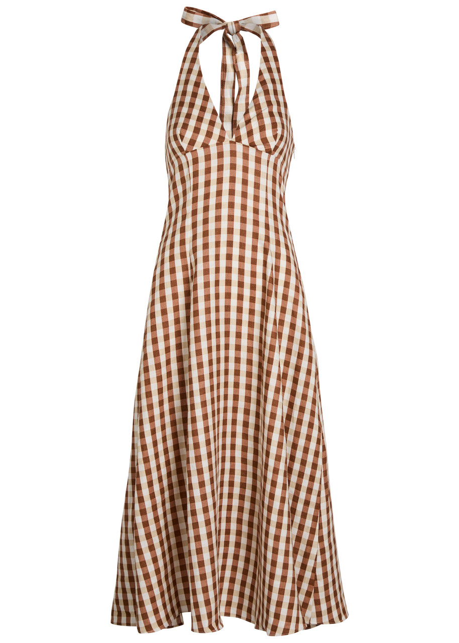 Faithfull The Brand Marais Gingham Linen Midi Dress - Light Brown - M M