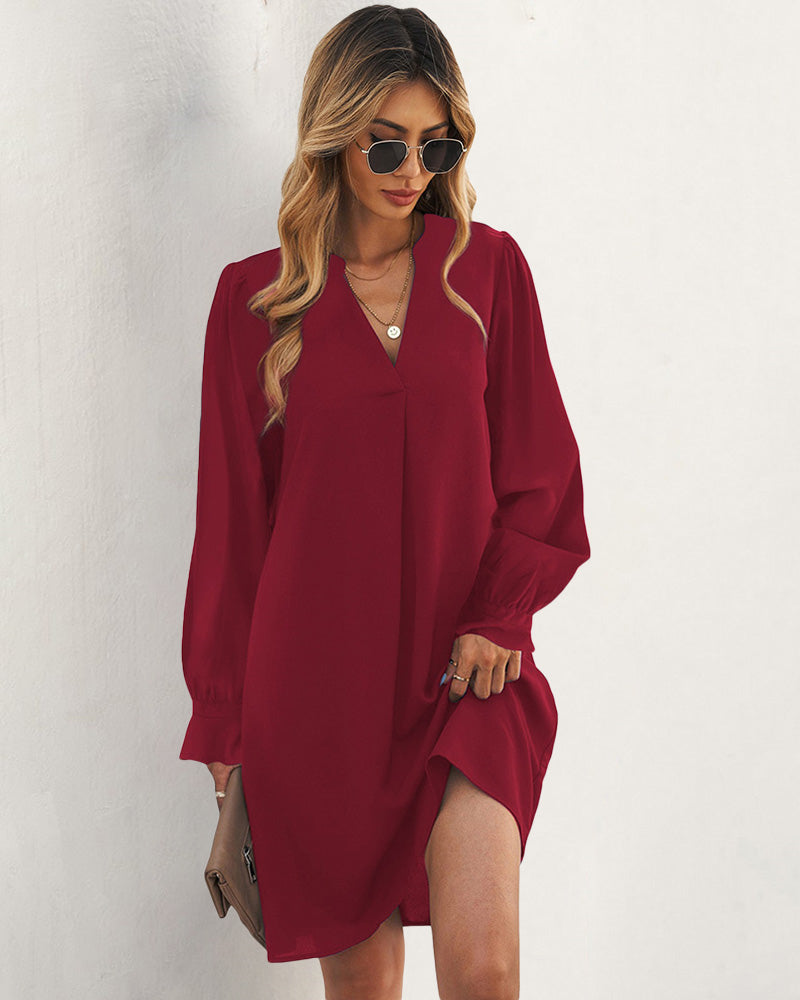 Notch Neck Solid Tunic Dress V-Neck Puff Sleeve Mini Tunic Dress - Red S