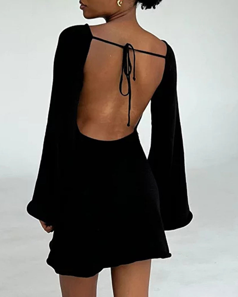 Zeagoo Elegant Backless Lace-up Bell Sleeve Mini Dress for Women Casual Going Out Summer - Black S