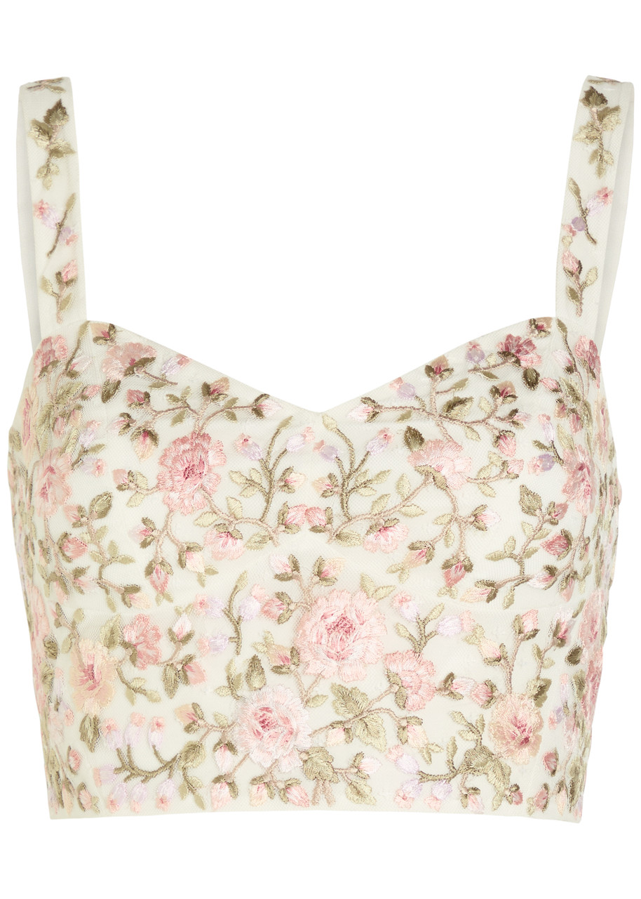 Needle & Thread Eden Rose Floral-embroidered Tulle Crop top - White -