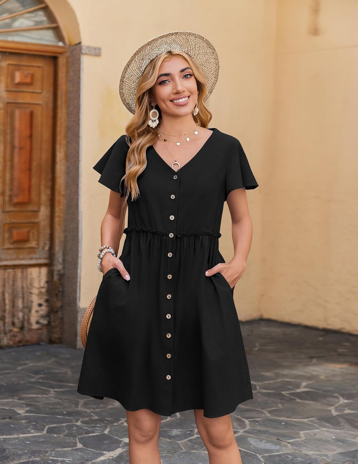 Zeagoo Button Down Flutter Sleeve Cotton Linen Dress with Pockets