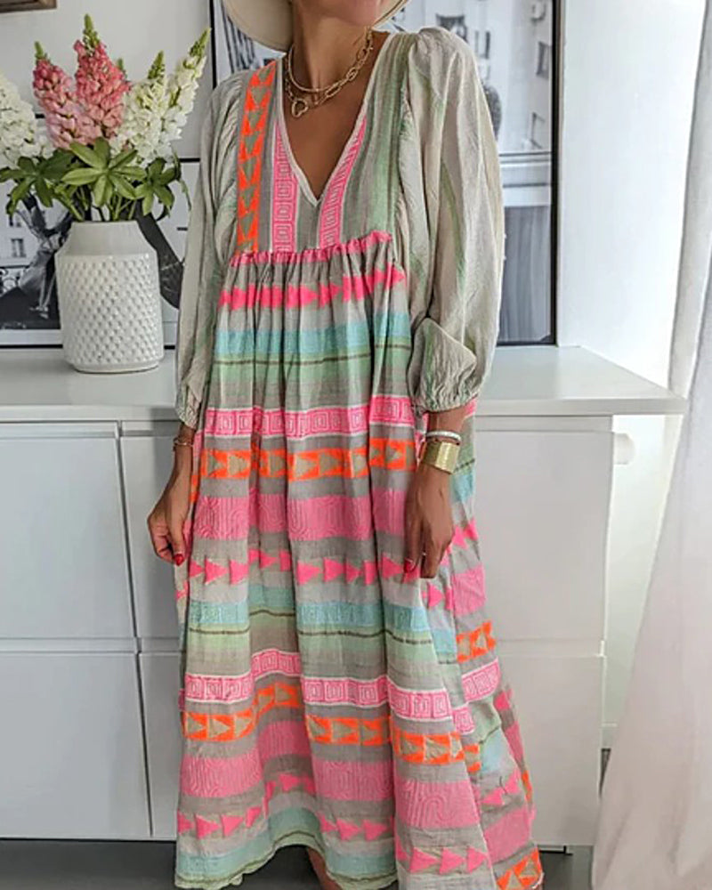 Geometric Color Block Bohemian Casual Pleated Patchwork Long-sleeved V-neck Dress - PAT S