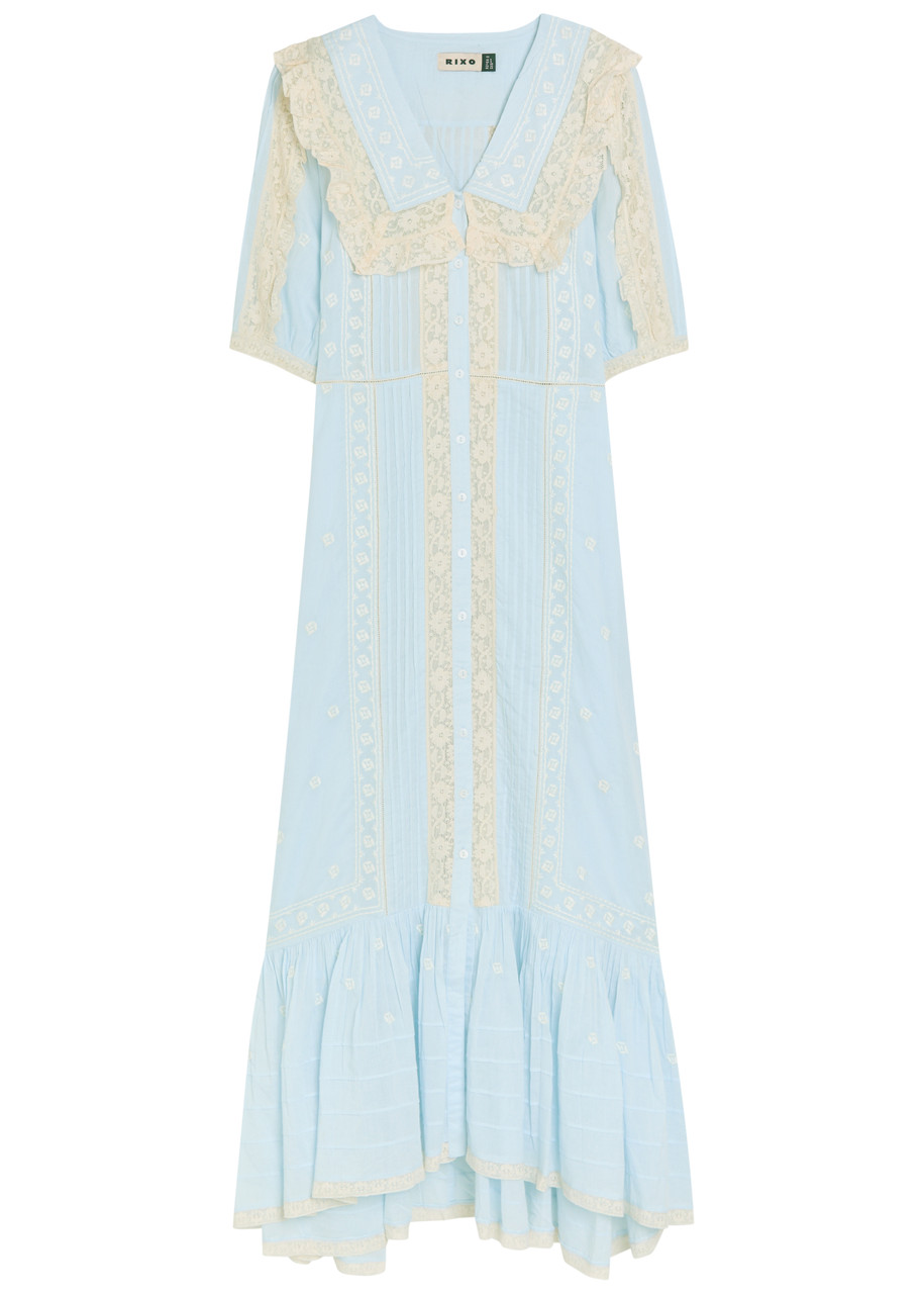 Rixo Edina Lace-trim Cotton Midi Dress - Light Blue -