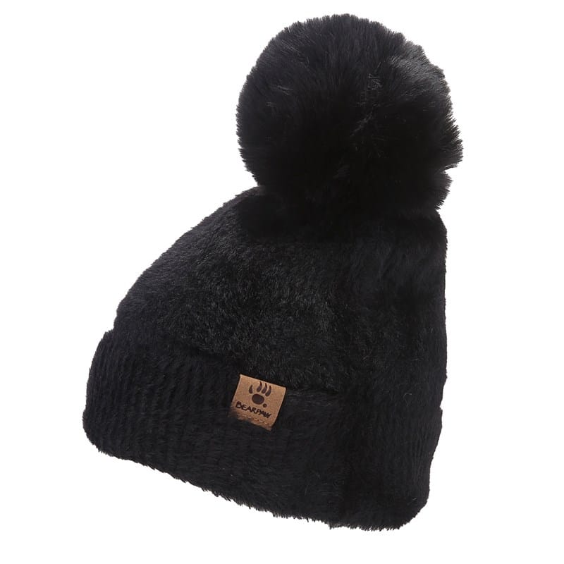 Bearpaw Women's Oversized Pom Furry Cuff Beanie Hat Shoes Black - Size . OT