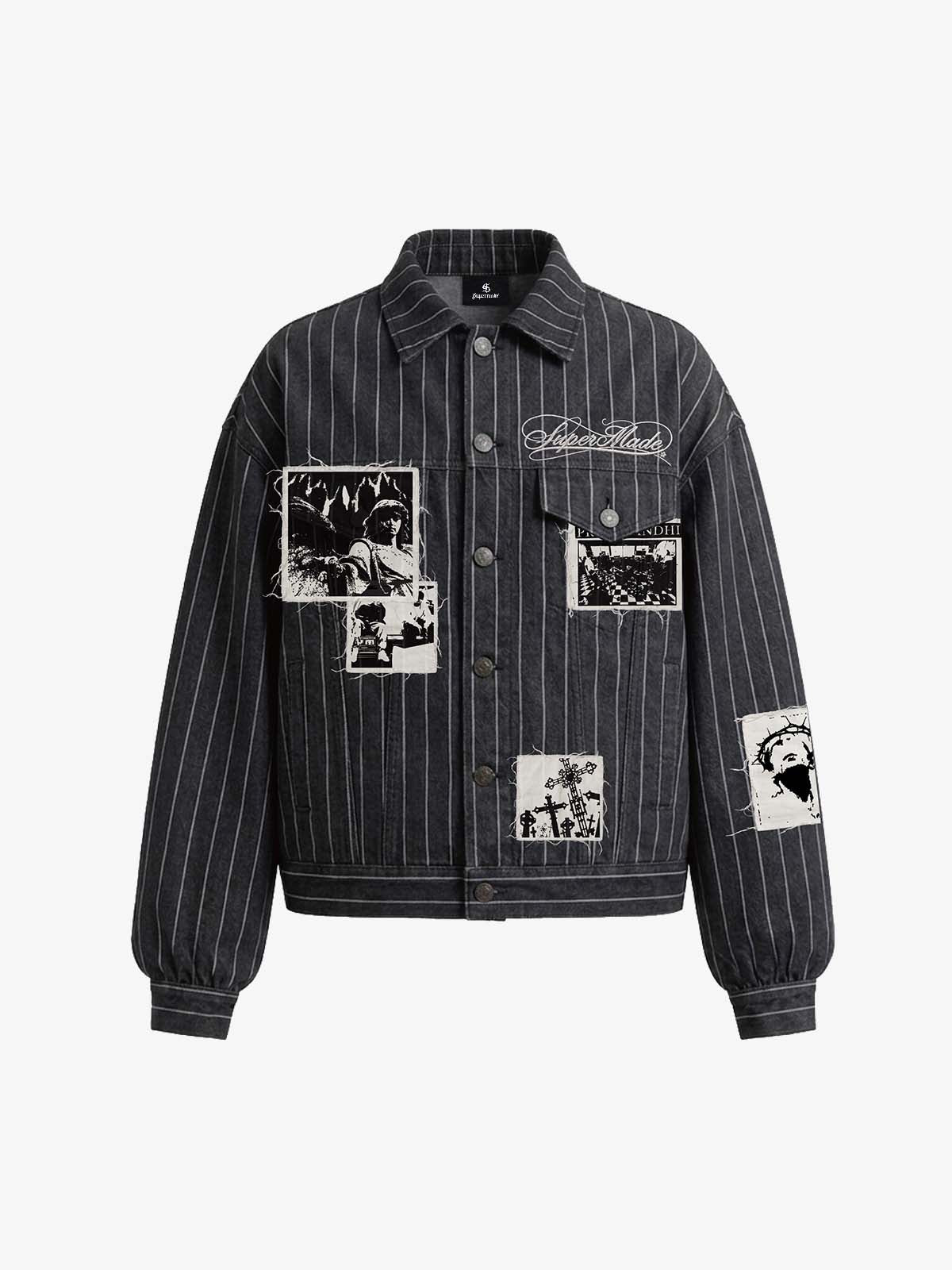 Vintage Pinstripe Patchwork Baggy Denim Set - Black L Jacket