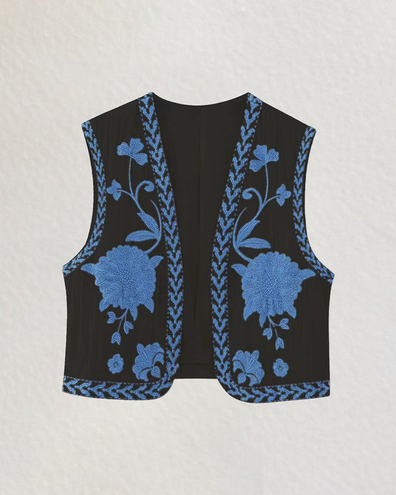 Retro Floral Embroidered Gillet Ethnic Weatern Vest Jacket Sleeveless Cardigan Crop Top - PAT S