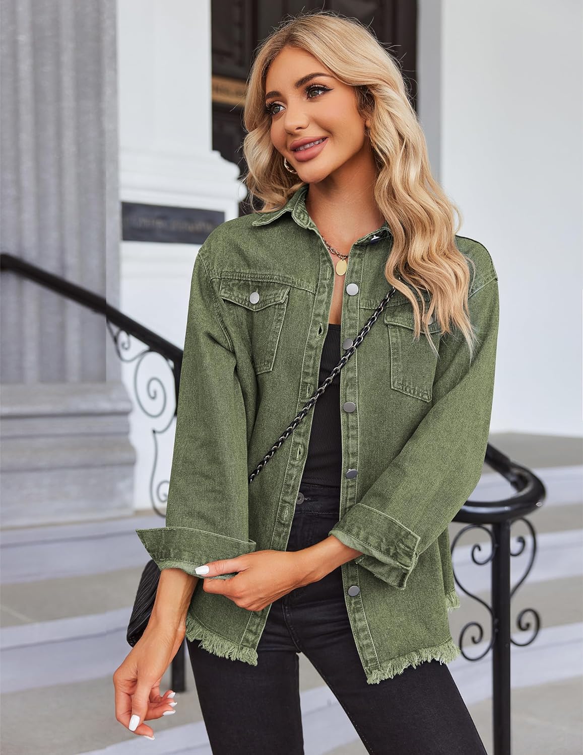 Zeagoo Jean Jackets Ripped Stretchy Denim Jean Jacket - Army Green S