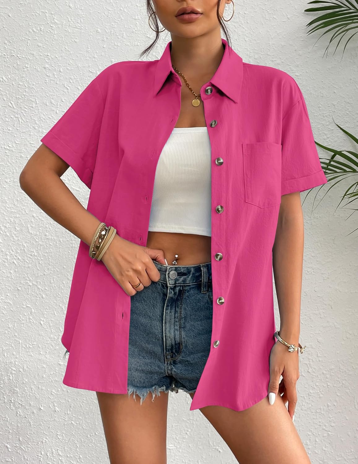 Zeagoo Womens Button Down Linen Shirt Short Sleeve Cotton Blouse