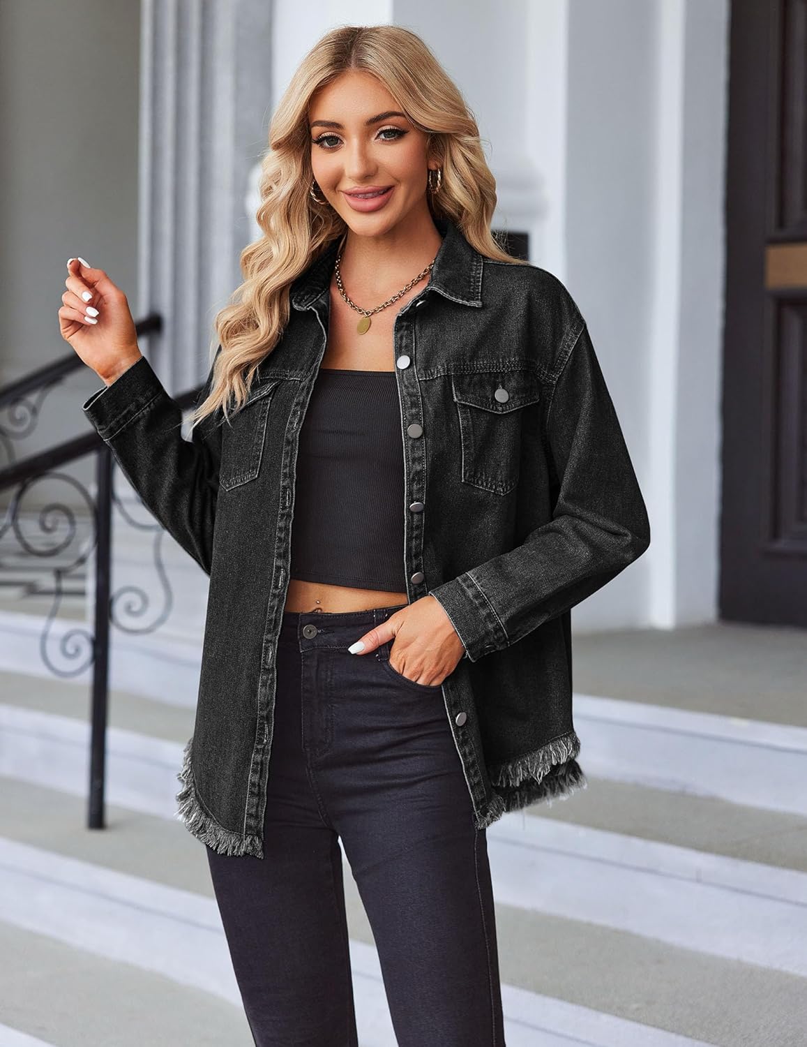 Zeagoo Jean Jackets Ripped Stretchy Denim Jean Jacket - Black M