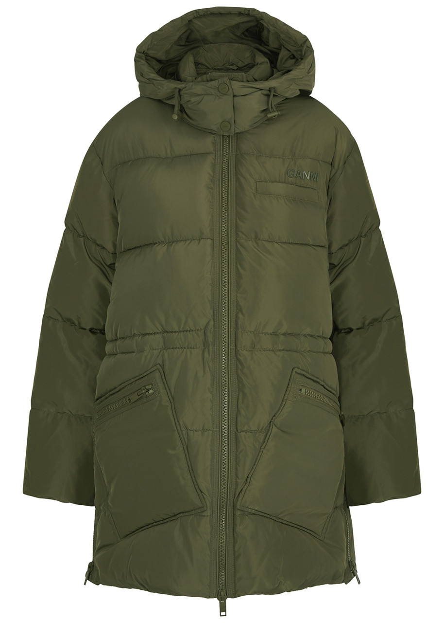 Ganni Quilted Shell Coat - Khaki - L