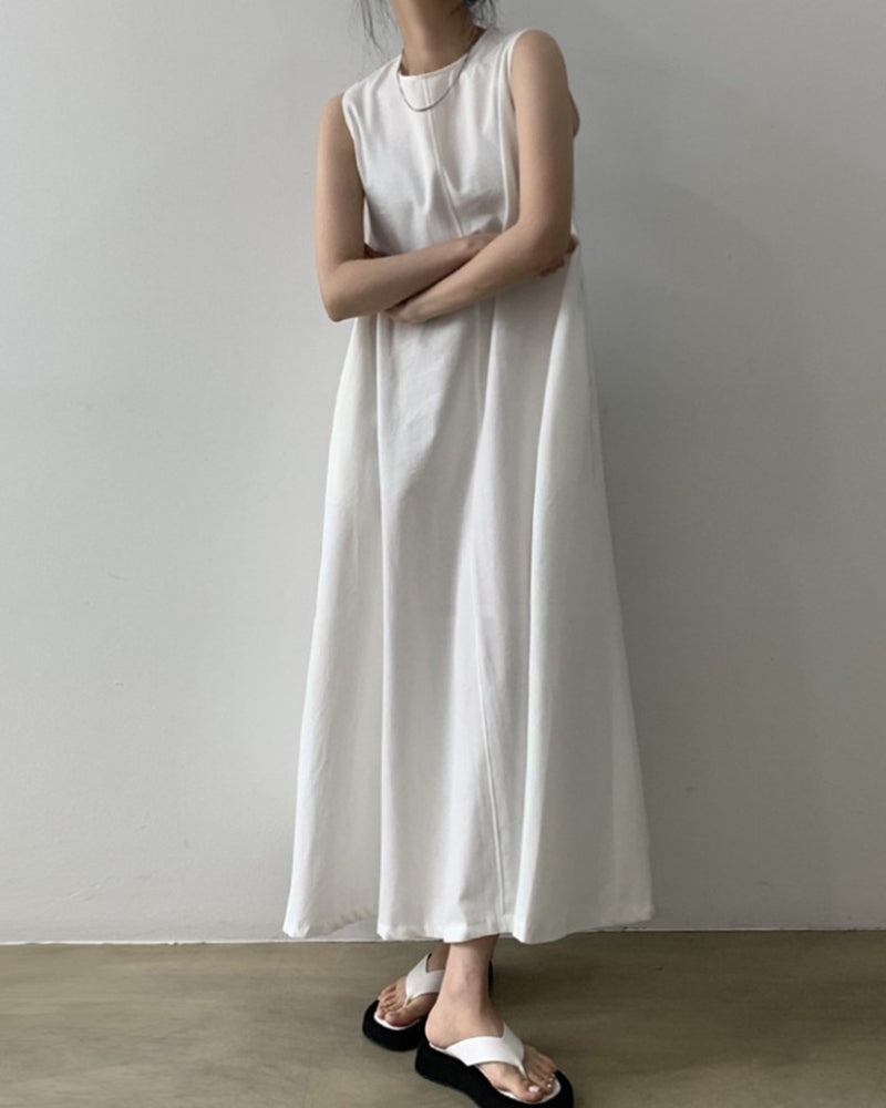 Loose Cotton Linen Dress Long Sleeveless Knee Tank Dress - White S