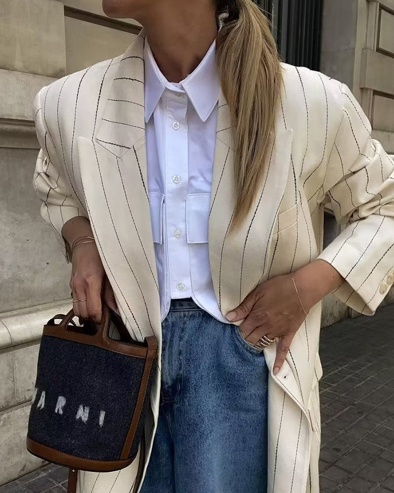 Zeagoo Casual Stripe Blazer Long Sleeve Lapel Work Office Jacket - White