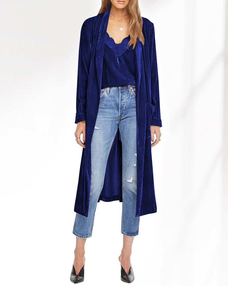 Long Velvet Cardigan Jacket Casual Open Front Velour Lapel Cardigan Maxi Blazer - Blue S