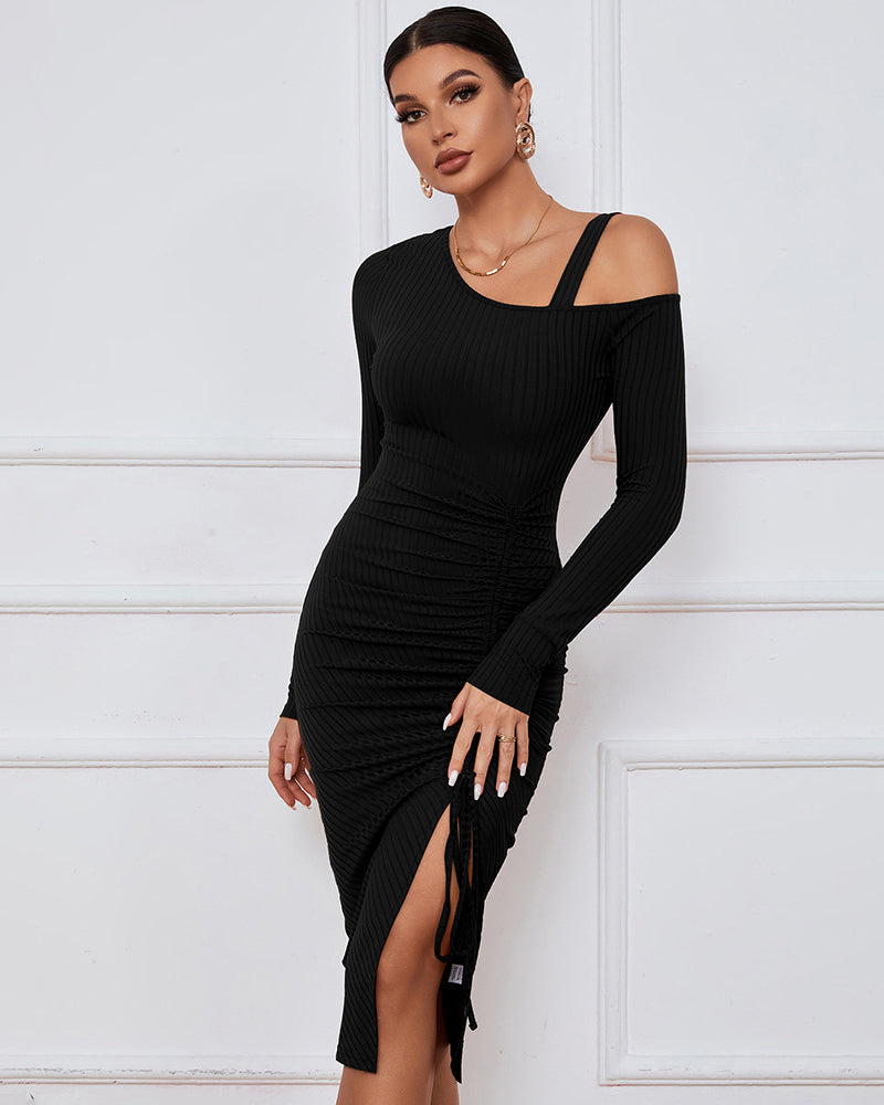 Sexy Drawstring Slit Off Shoulder Long Sleeve Dress - Black M