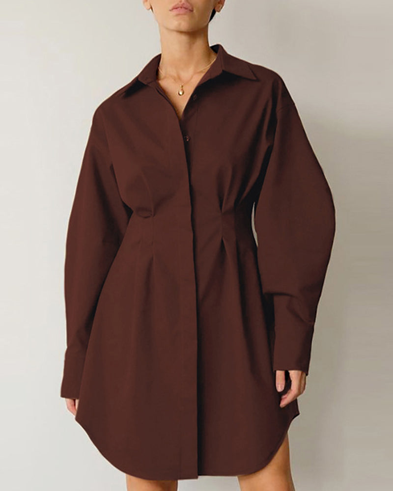 Long Sleeve Tunic Dress High Waist Lapel Short Dress Button Down Pleated Dress - Brown L-