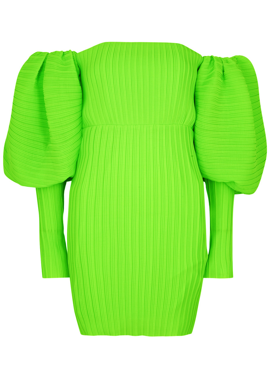 Solace London Skye Pleated Off-the-shoulder Mini Dress - Lime