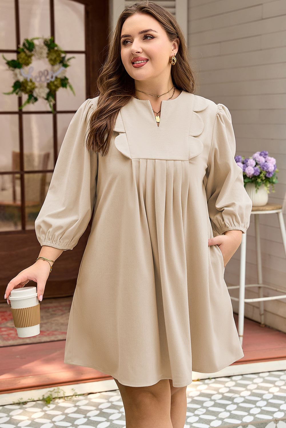 Mila Scallop Detail Mini PL Dress - Parchment X - W-W