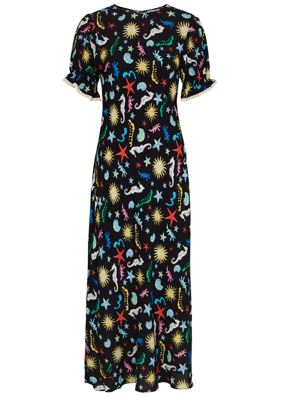 Rixo Venice Printed Crochet-trim Midi Dress - Black