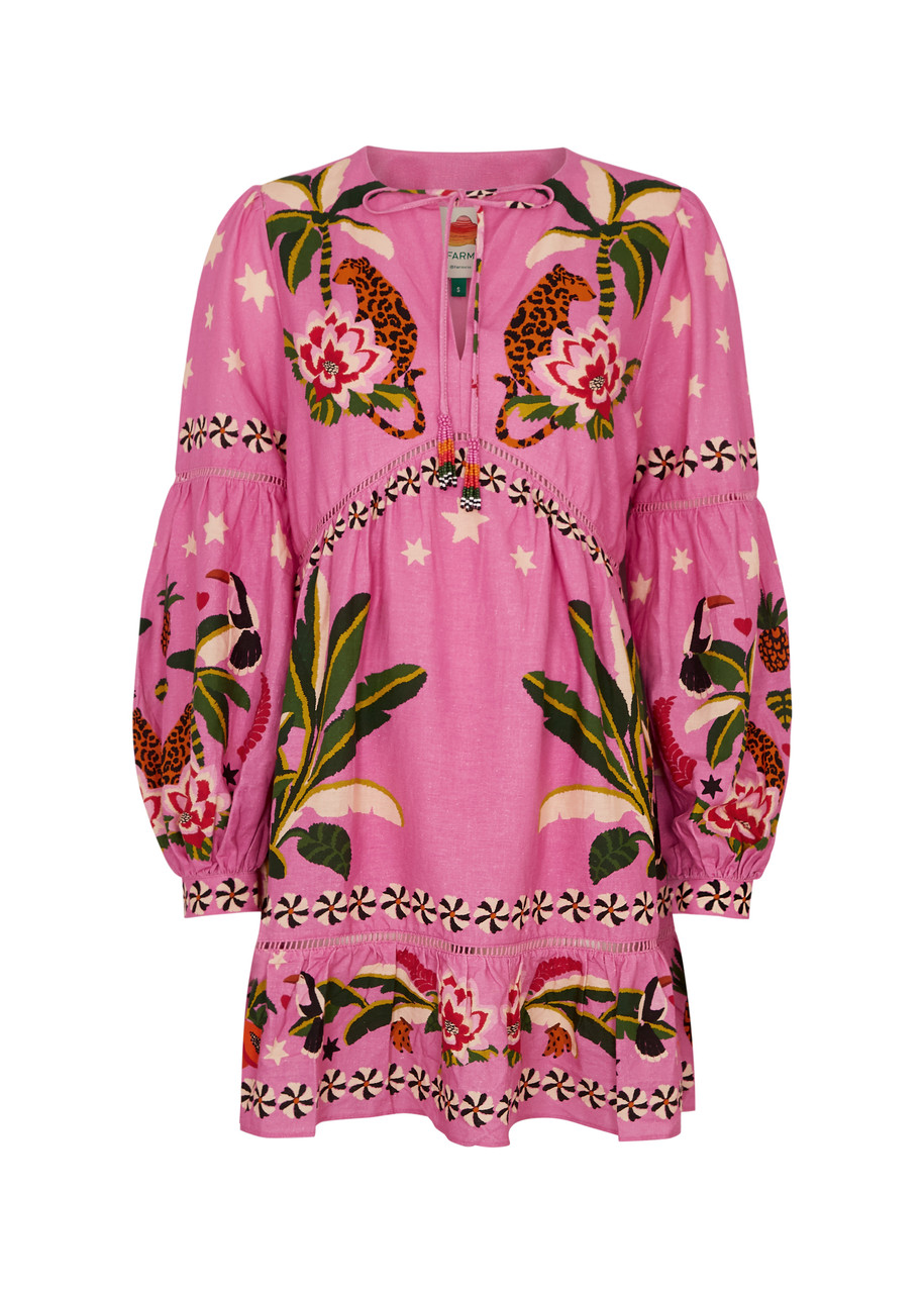 Farm Rio Leopard Forest Printed Linen-blend Mini Dress - Pink