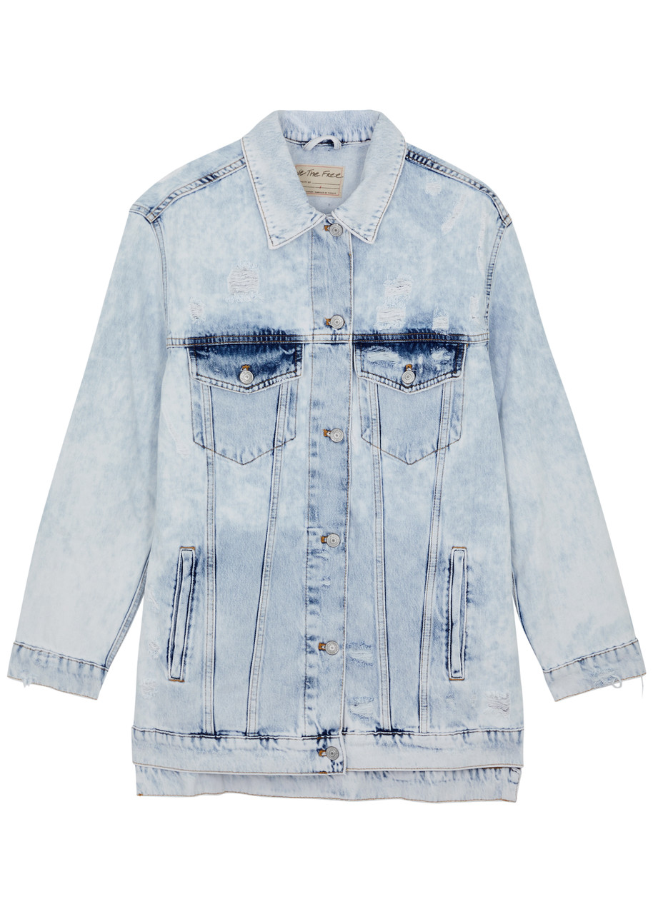 Free People Destroyed Long & Lean Denim Jacket - Light Blue