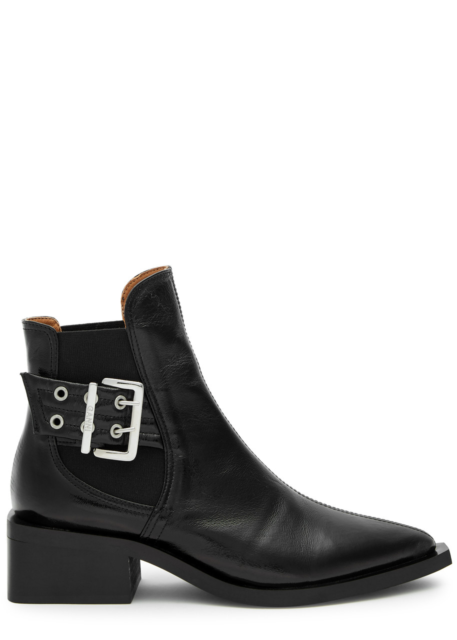 Ganni Buckle-embellished Faux Leather Black Chelsea Boots