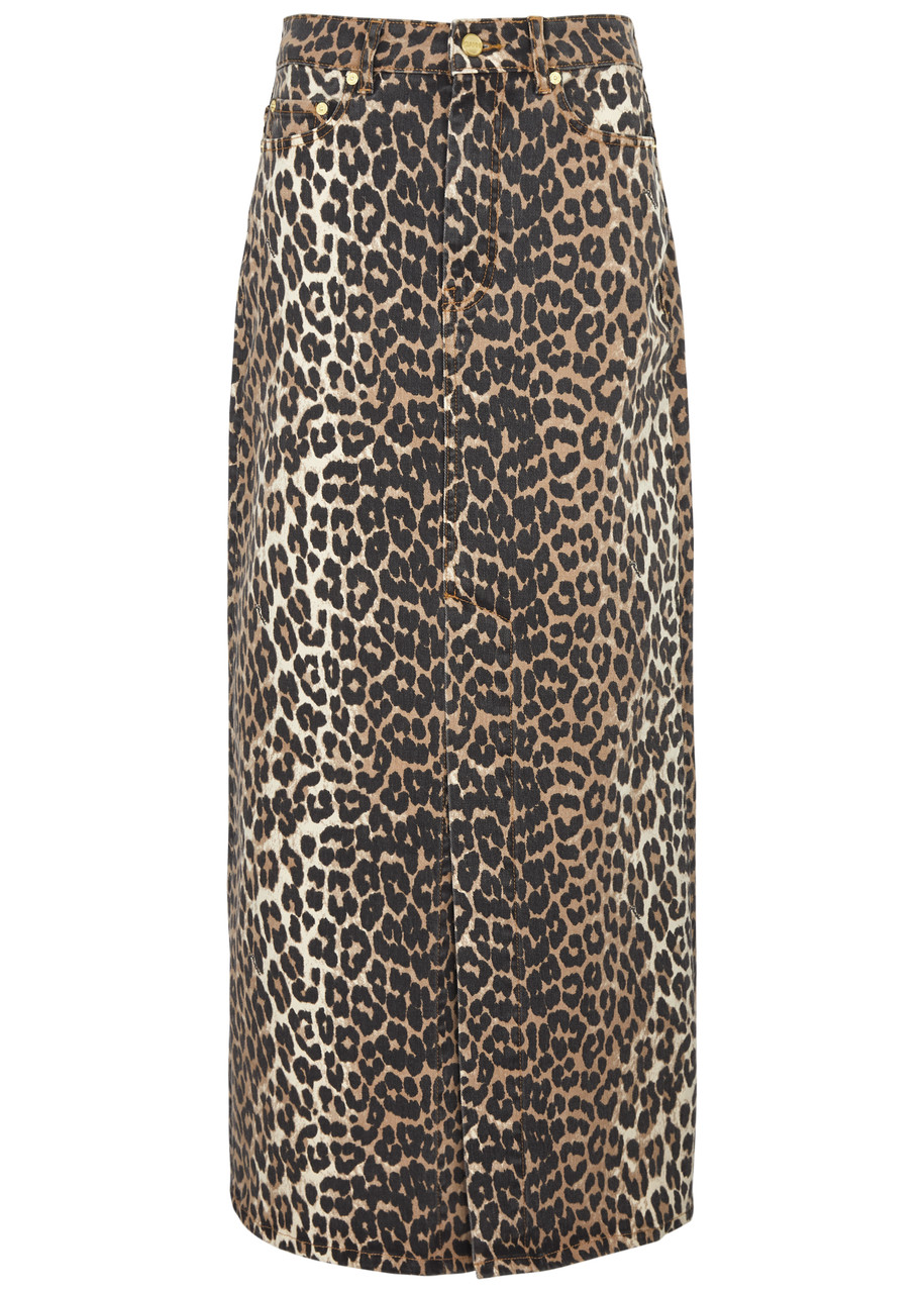 Ganni Leopard-print Stretch-denim Maxi Skirt - L
