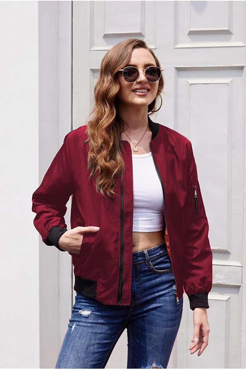 Zeagoo Bomber Zip Up Lightweight Jacket Coat - Wine Red
