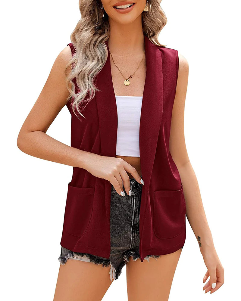Zeagoo Women's Vest Jacket Casual Sleeveless Blazer - Wine Red