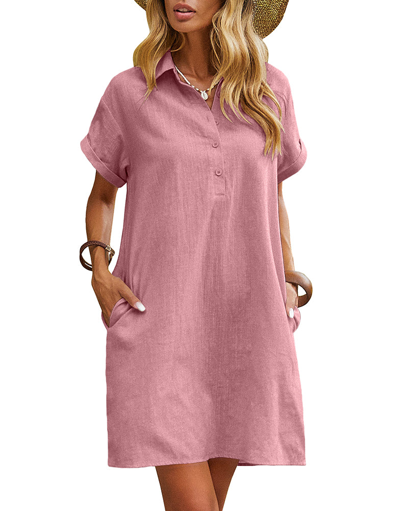 Summer Casual % Cotton Shirt Dress with Pockets