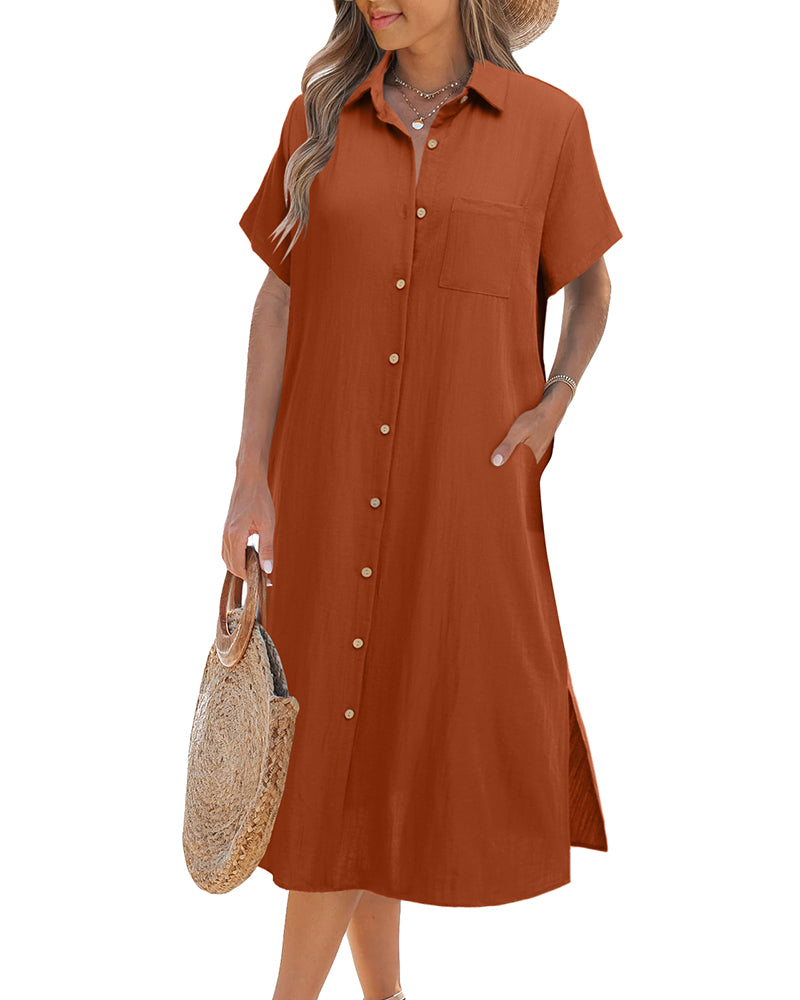 Zeagoo Womens Linen Shirt Dress- Brick Red L-