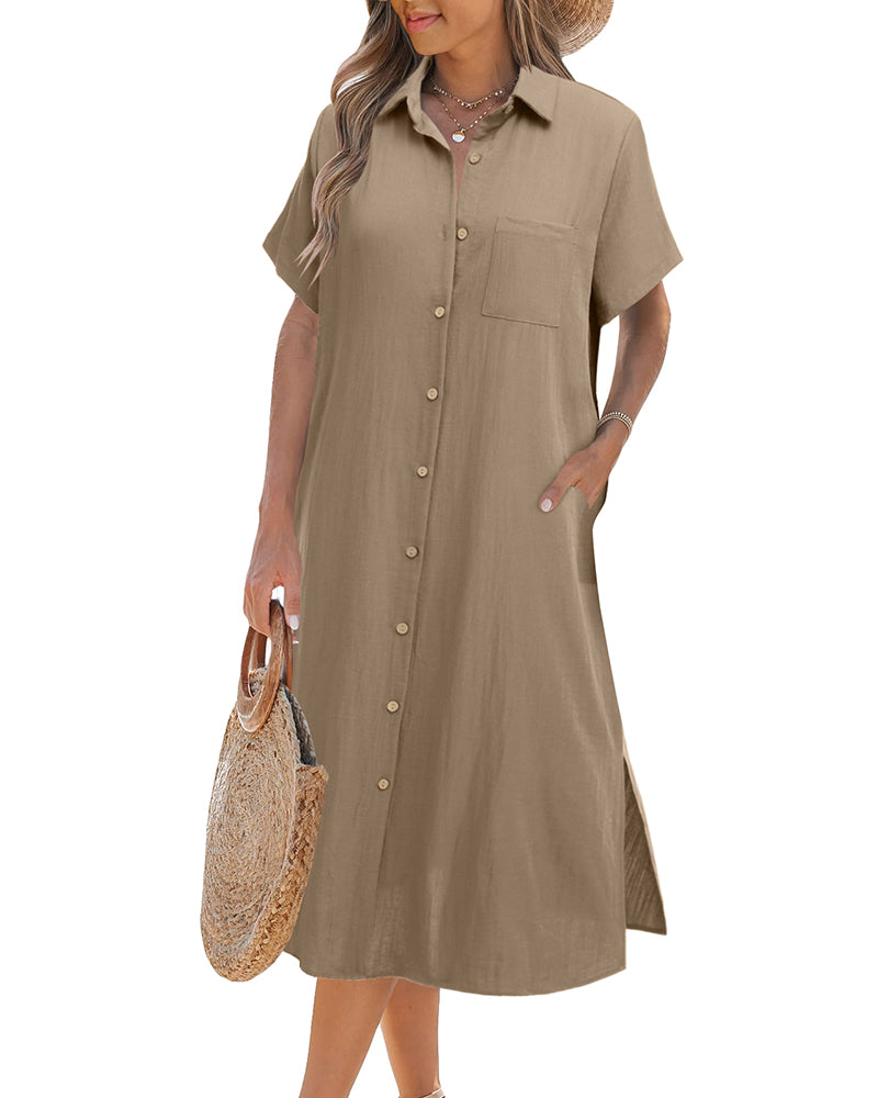 Zeagoo Womens Linen Shirt Dress- Khaki L-