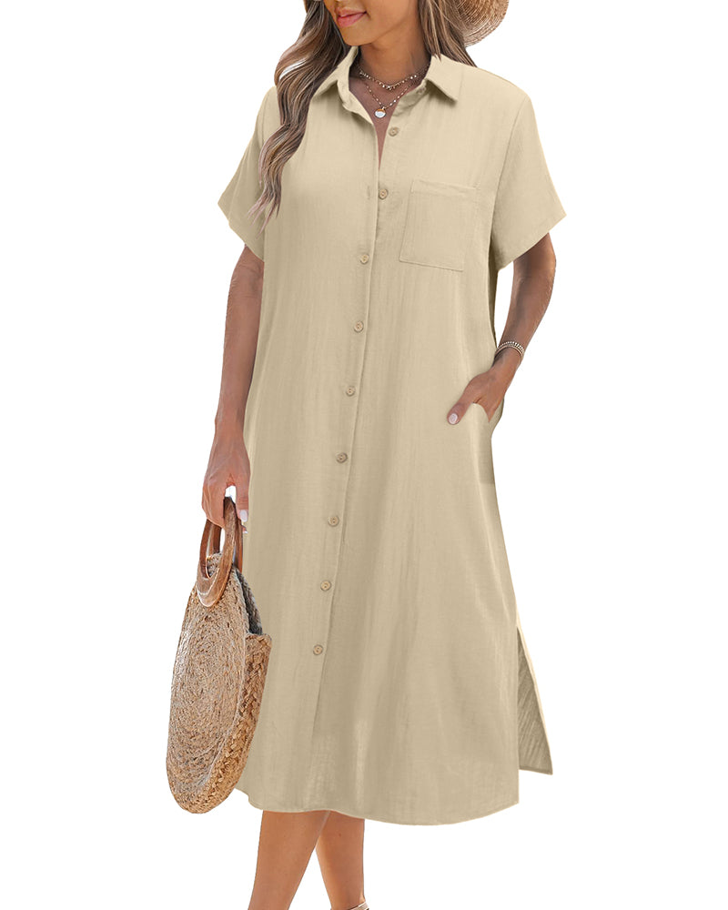 Zeagoo Womens Linen Shirt Dress- Apricot S