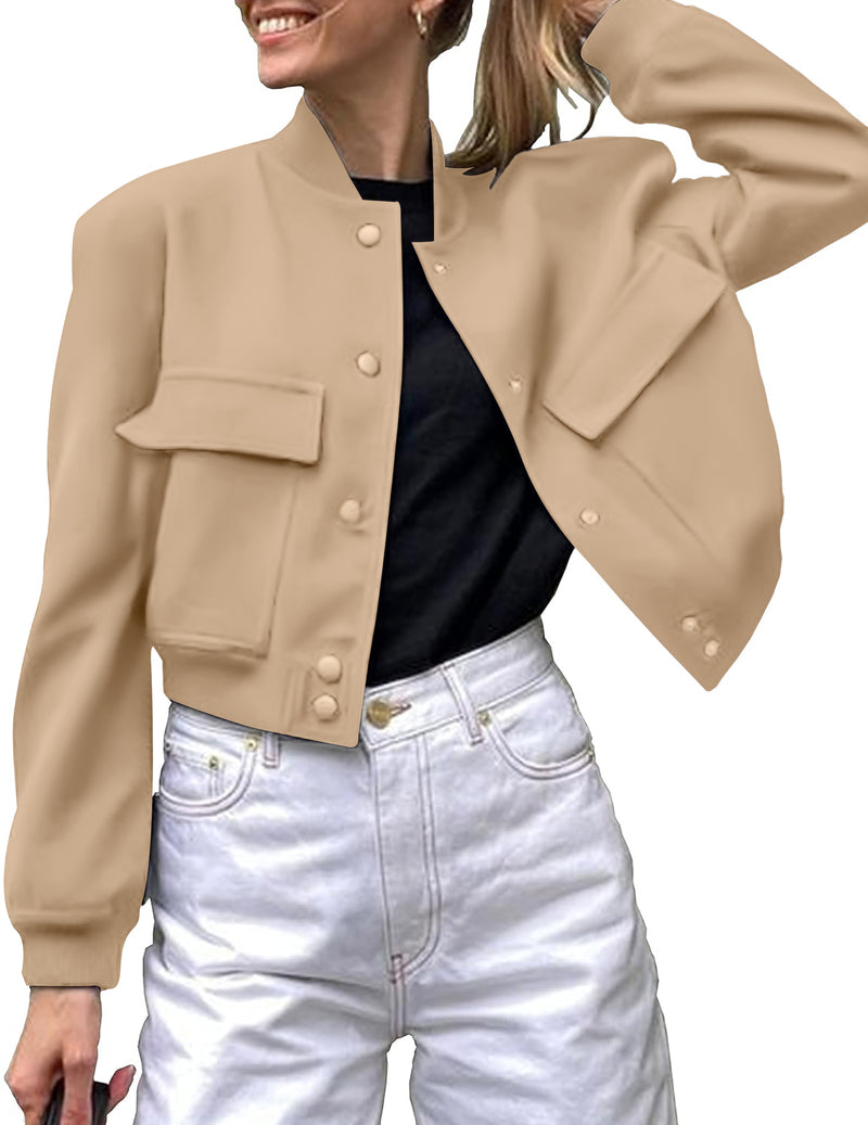 Zeagoo Women Bomber Jacket Casual Button Down Shackets - Khaki S