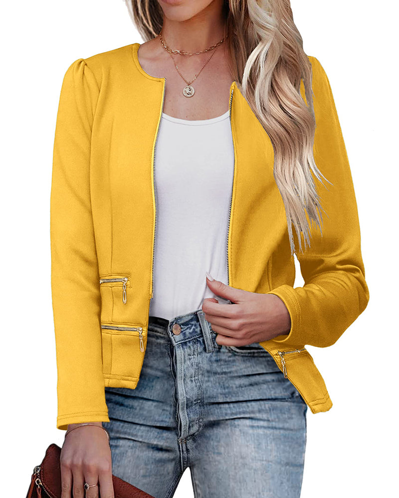 Zeagoo Womens Blazer Cropped Open Front Zipper Dress Jacket O Neck Casual Office Suit Jacket - Apricot