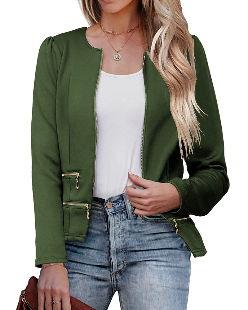 Zeagoo Womens Blazer Cropped Open Front Zipper Dress Jacket O Neck Casual Office Suit Jacket - Army Green L-