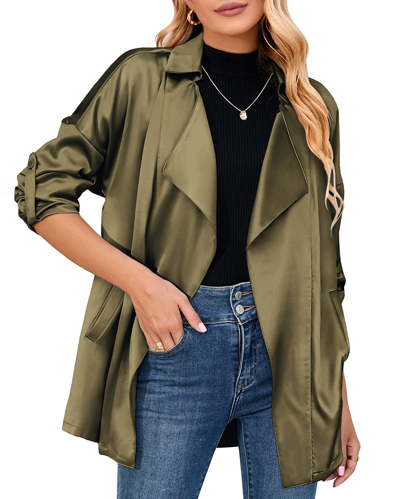 Womens Oversized Blazer Jackets Satin Roll Sleeve Open Front Casual Work Cardigan Jacket with Pockets - Zeagoo- Army Green L-