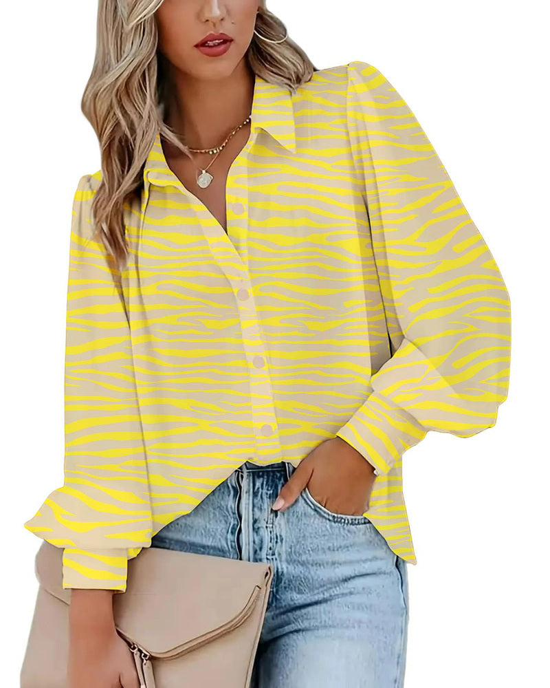 Zeagoo Printed Lantern Long Sleeve Blouse - B Yellow Rowena M