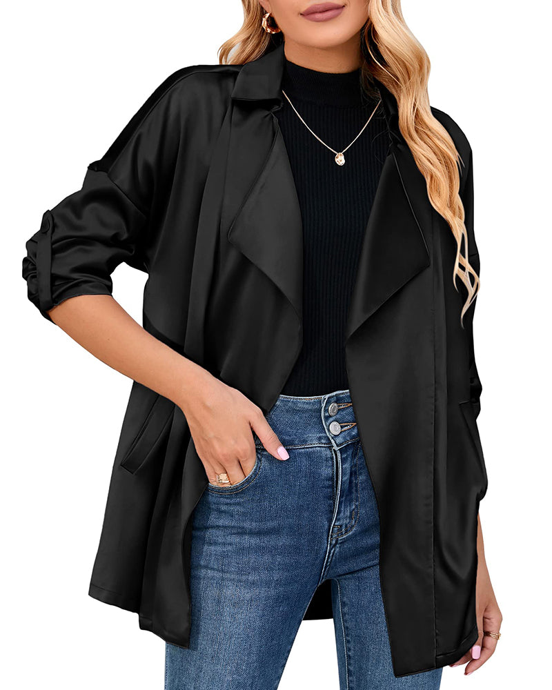 Womens Oversized Blazer Jackets Satin Roll Sleeve Open Front Casual Work Cardigan Jacket with Pockets - Zeagoo- Black