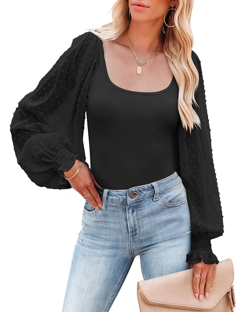 Zeagoo Women's Top Mesh Long Sleeve Shirts Casual Square Neck Polka Dot Puff Sleeve Tunic Blouse- Black L-