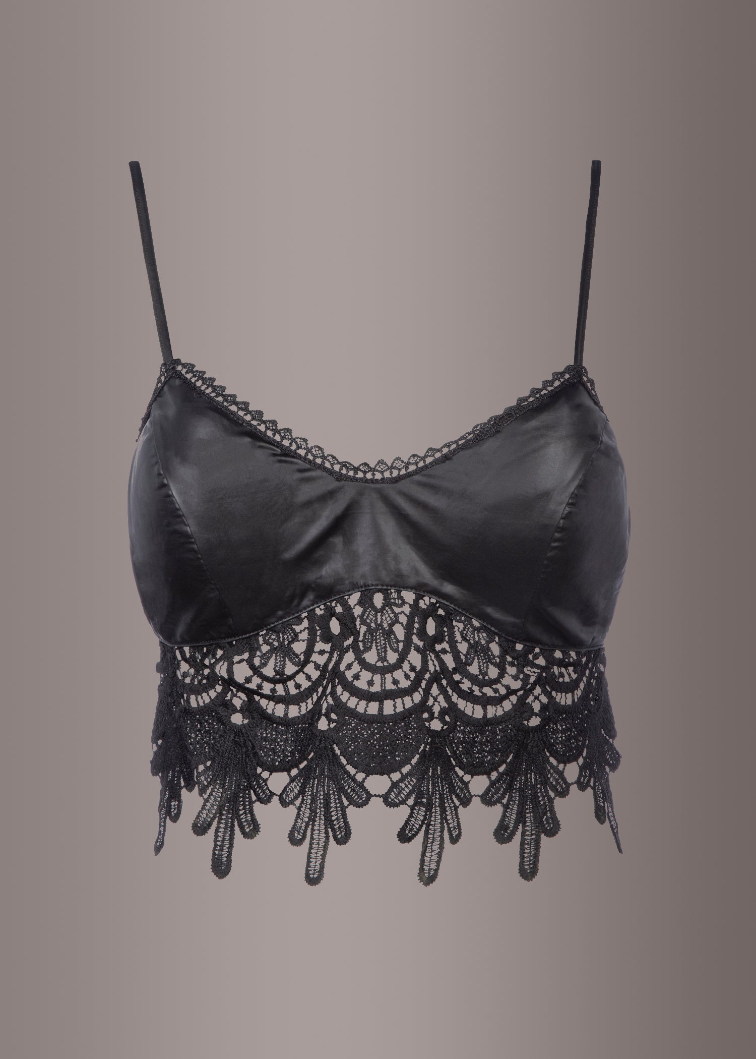 Faux Leather Bralette Top with Lace Trim - L Black