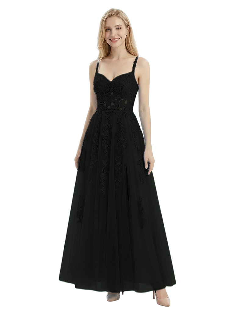 Charming Lace A-Line Tulle Gown Romantic Formal Prom Dress Slit - black