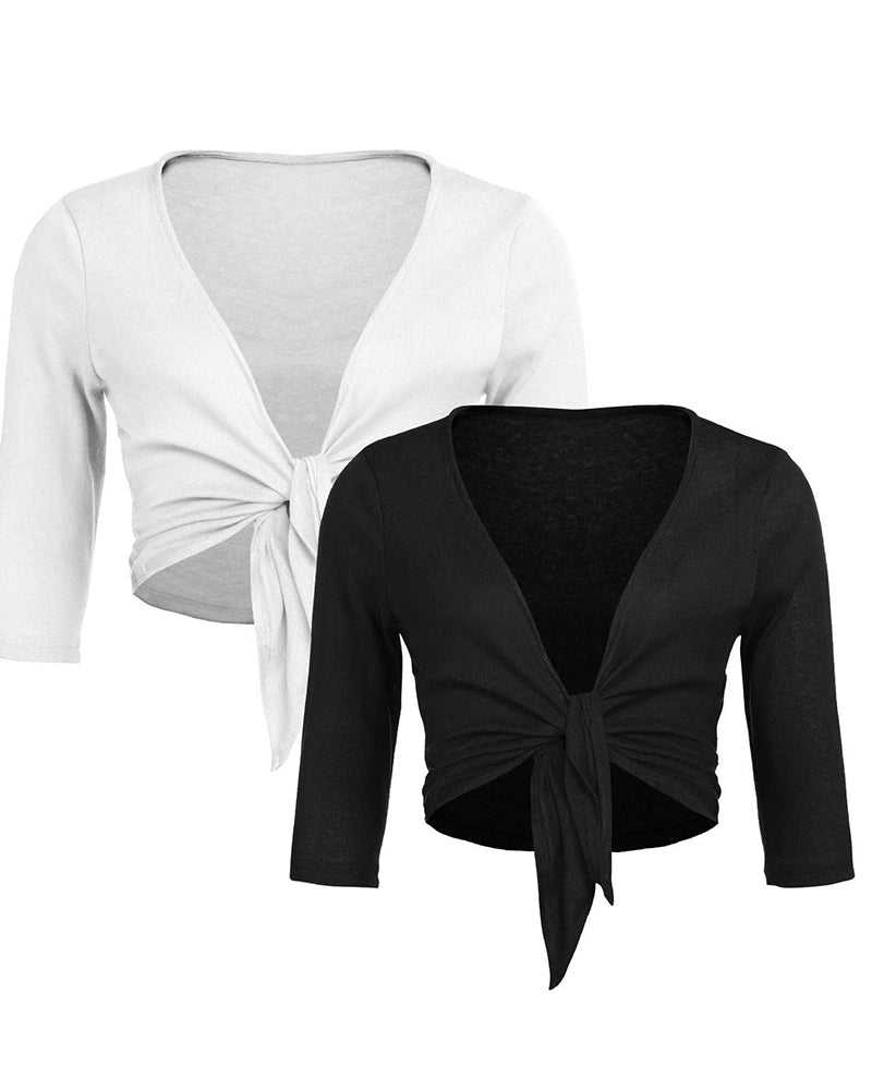 Women's Cropped Cardigan Sleeve Sweater Shrugs Tie Front Bolero Jacket Pack S-X - Zeagoo- Black & White L-