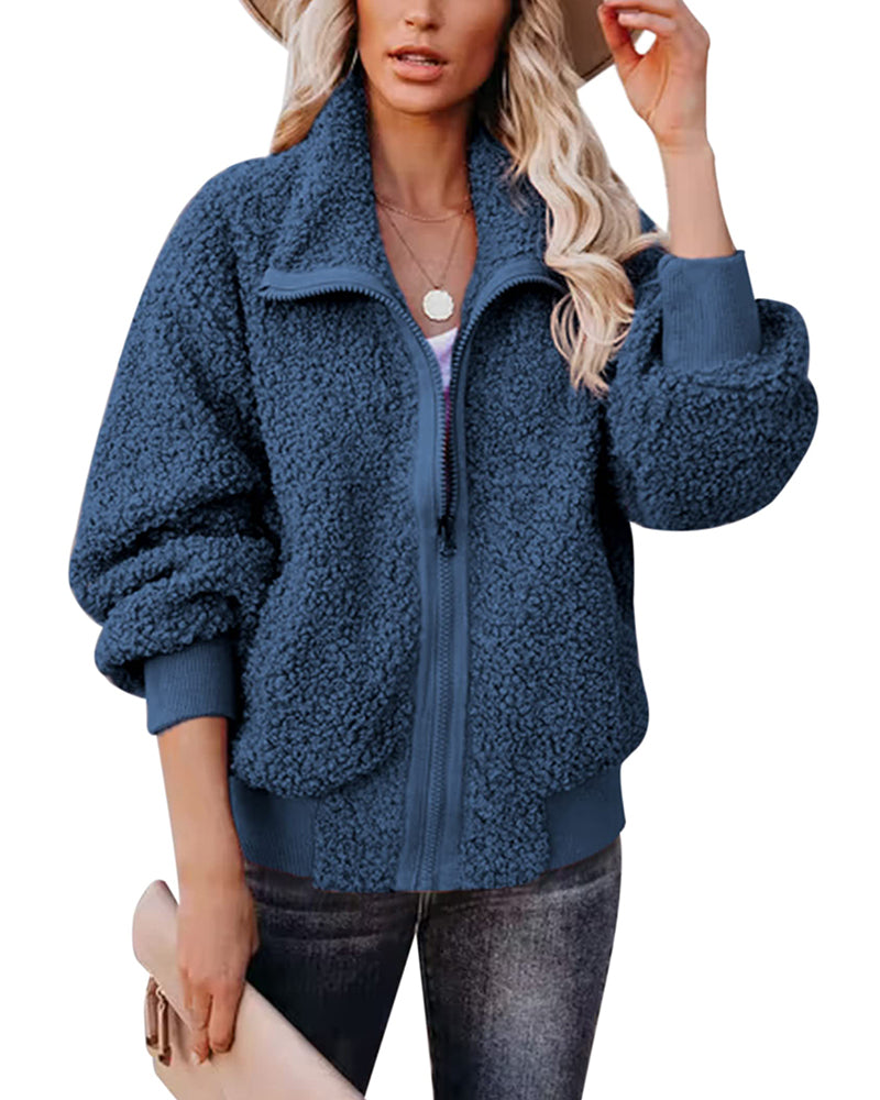 Fuzzy Fleece Jackets Oversized Open Front Coat Zipper OutwearTTShop - Zeagoo- Blue Green L-