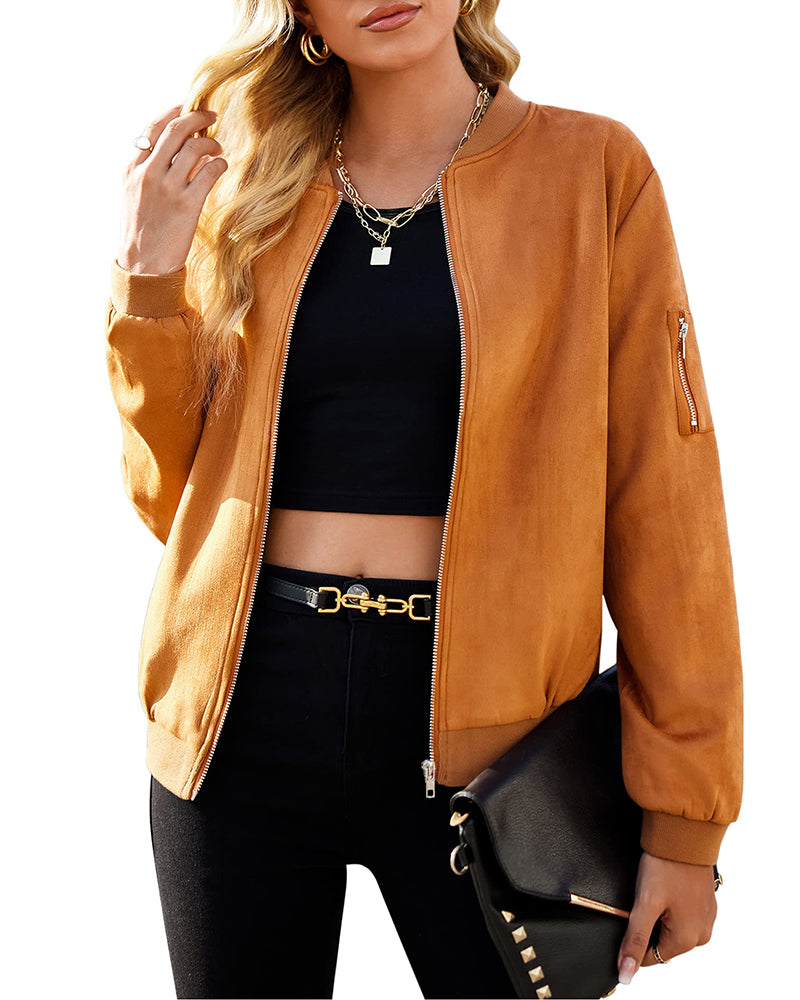 Faux Bomber Zip Up Lightweight Jacket Coat with Pockets - Zeagoo- Brown S