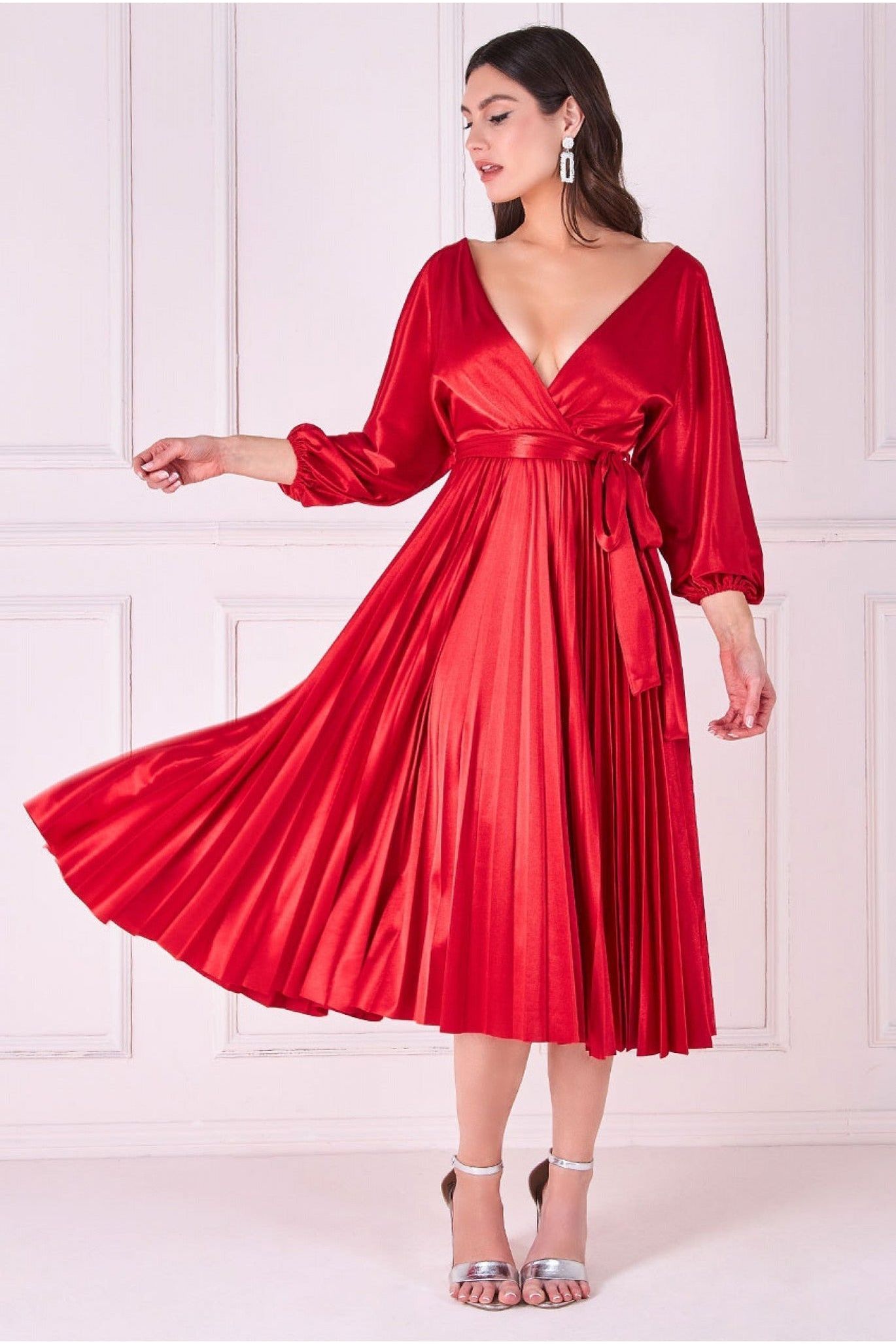 Goddiva Satin Pleated Skirt Wrap Midi Dress