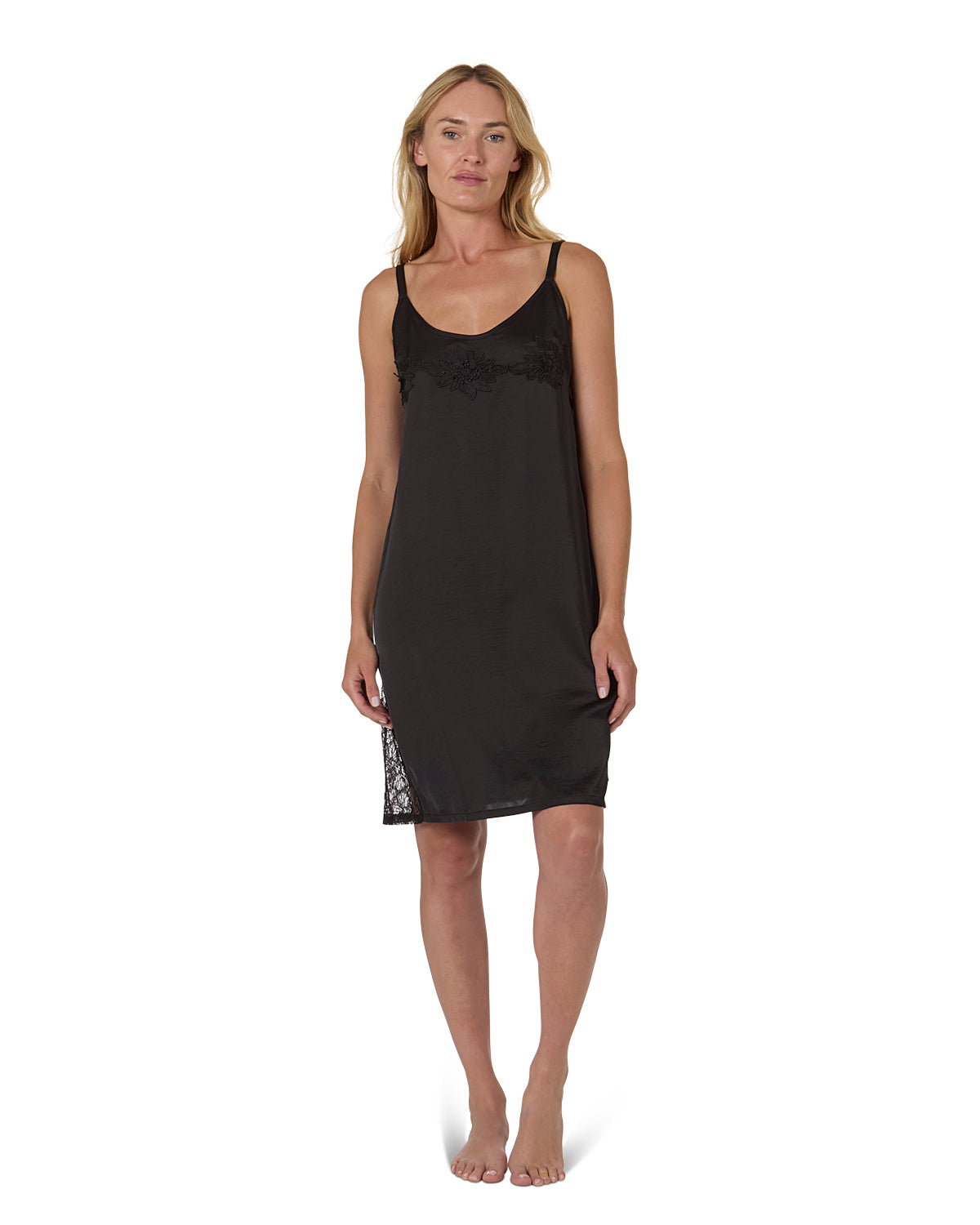 Women's Silky-Soft " Knee-Length Slip Dress with Floral Lace Trim - S Black