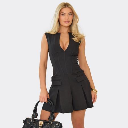 Plunge Neck Tailored Pleated Mini Dress In Black, Women's Size