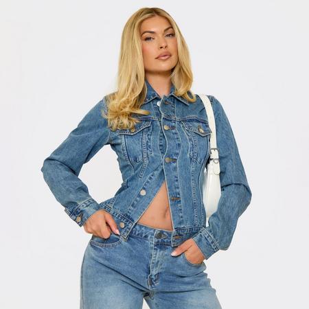 Long Sleeve Button Down Ced Waist Jacket In Mid Blue Denim, Women's Size