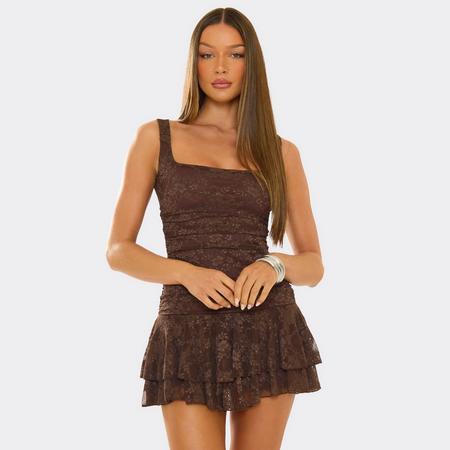 Square Neck Frill Hem Detail Mini Dress In Chocolate Brown Lace, Women's Size